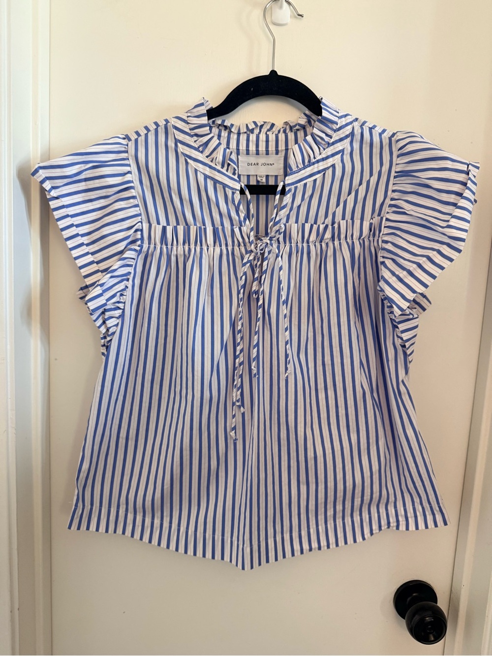 Dear John Blue & White Striped Tie-Neck Ruffle Sleeve Blouse